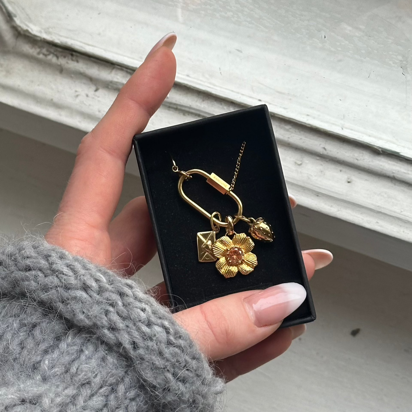 Mix and match Halskette mit Liebesbrief, Champagner Blume und Erdbeeranhänger in Schmuckschatulle halten Sie eine Hand vor Holz und ein Glasfenster