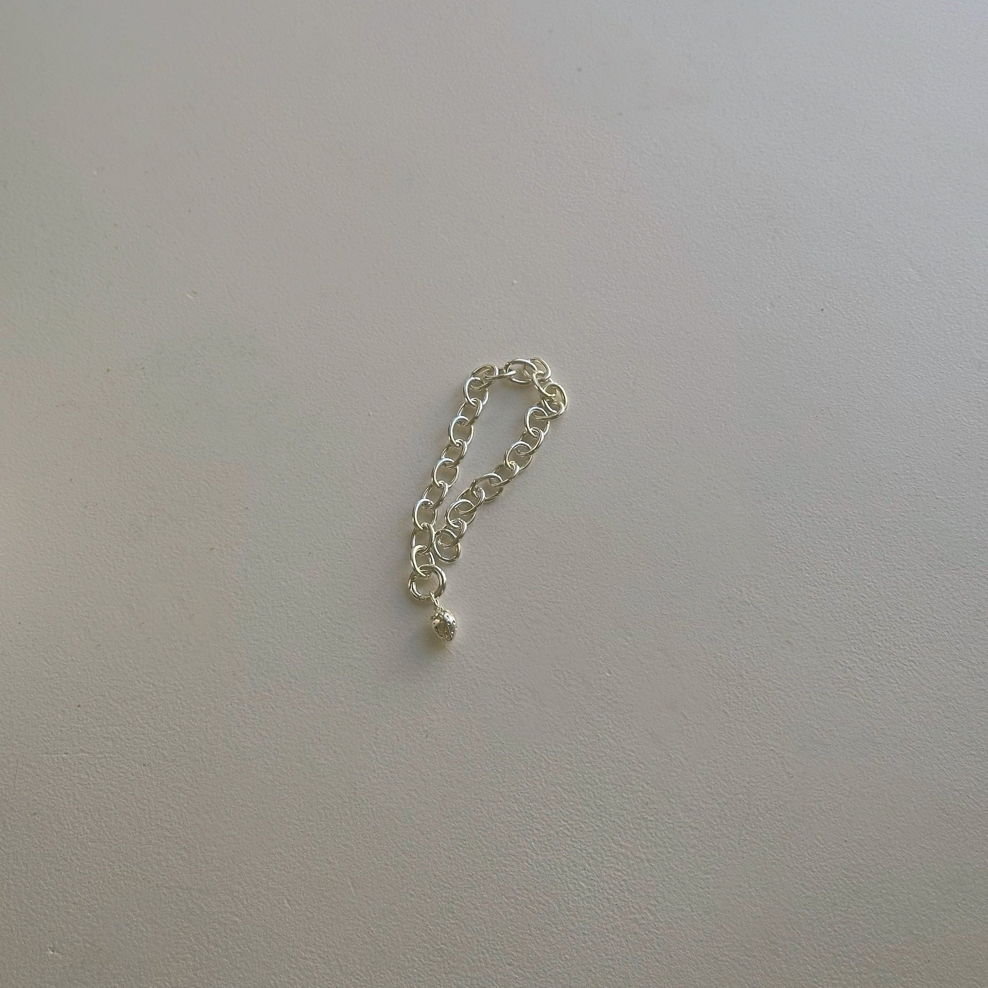oval charm bracelet in silver on white table with strawberry charm